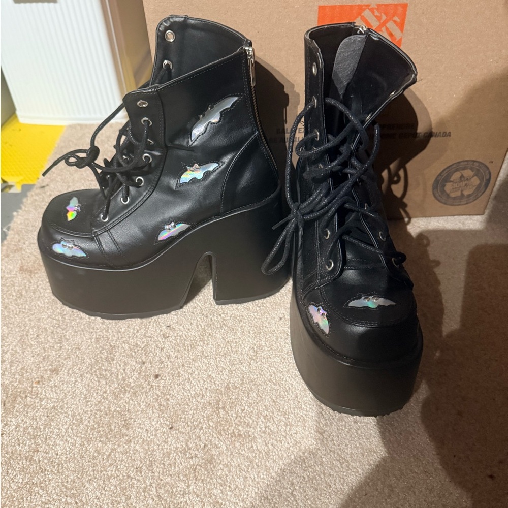 Black Platform Boots with Holographic Bats